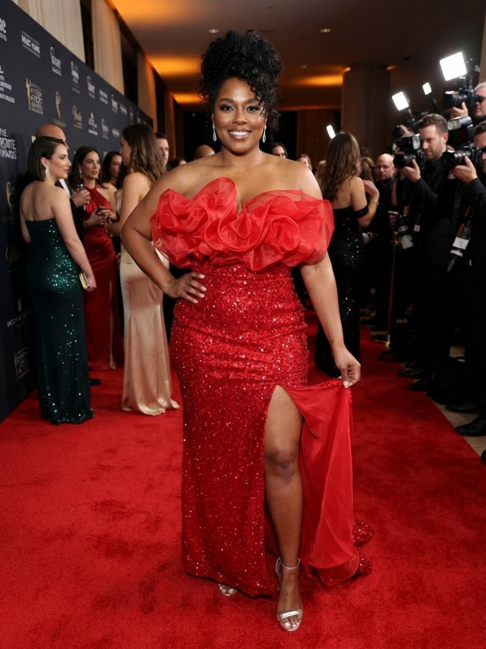 Red Off-Shoulder Ruffle Sequin Maxi Dress